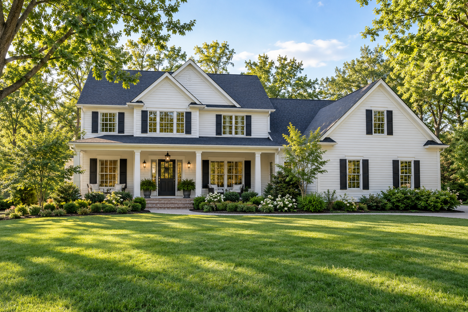 A welcoming suburban home with a front porch and green lawn